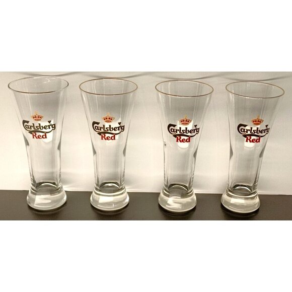 Carlsberg Red  Danish Beer Glasses Gold Rimmed Pilsner 8" set of 4 - Picture 2 of 5